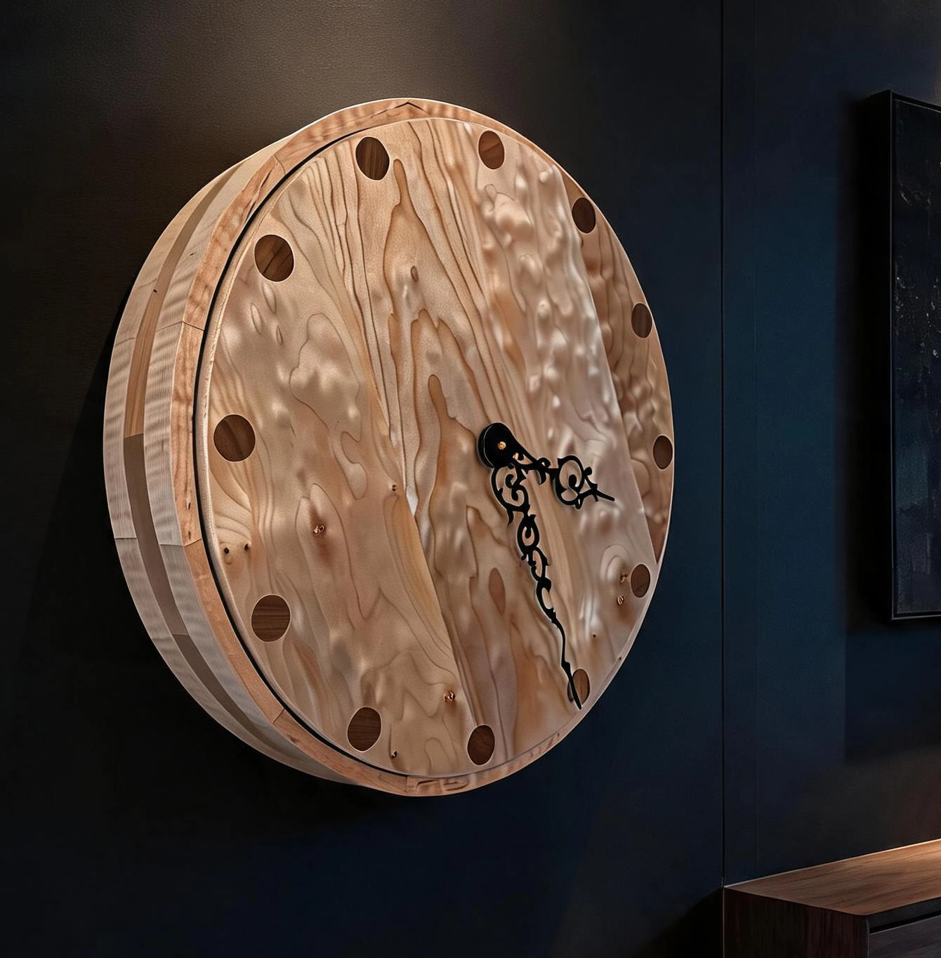 24-inch curly maple wall clock with cherry stripe and circular walnut inlays