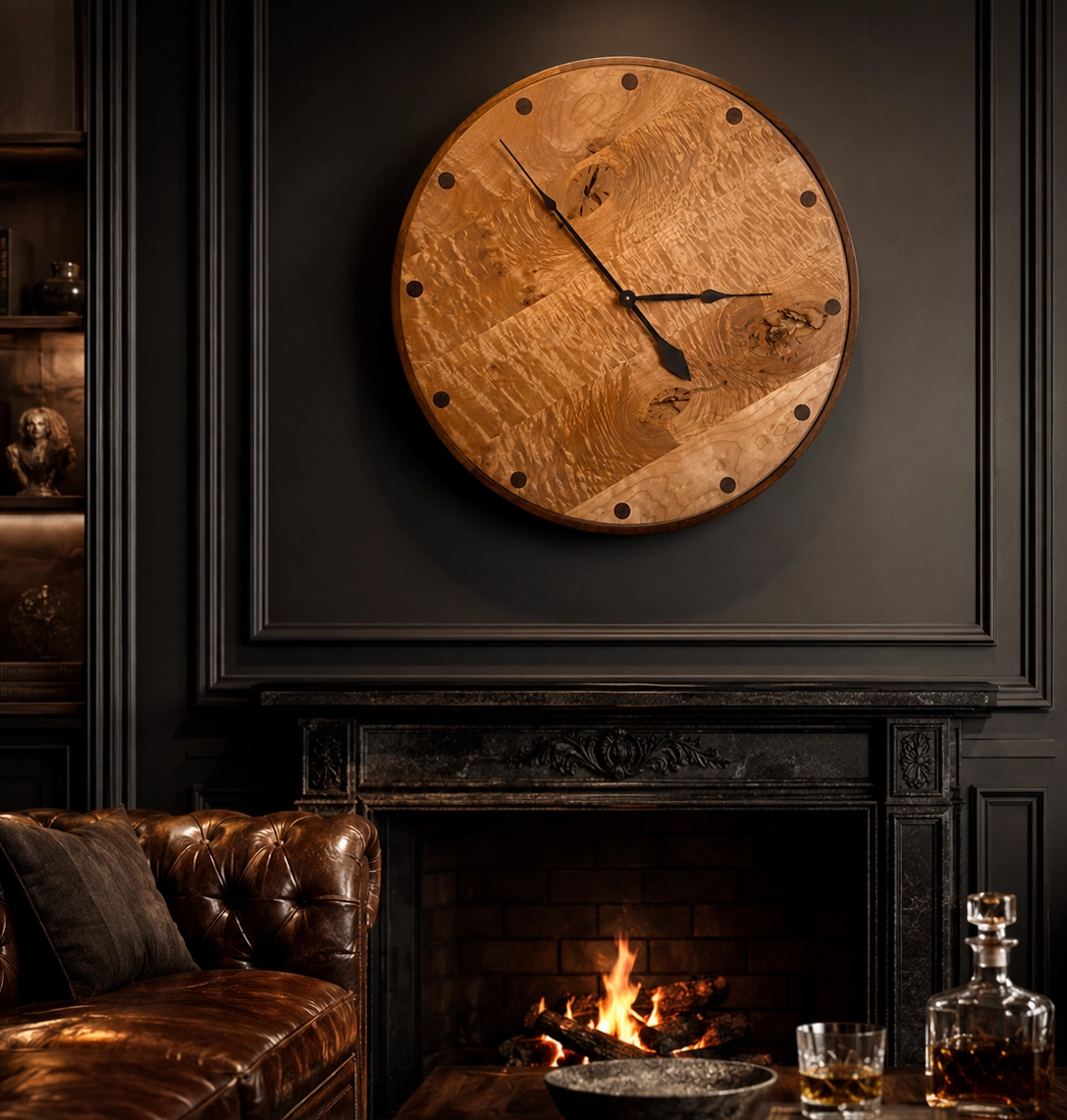 29-inch walnut wall clock with walnut inlays and distressed quilted maple face