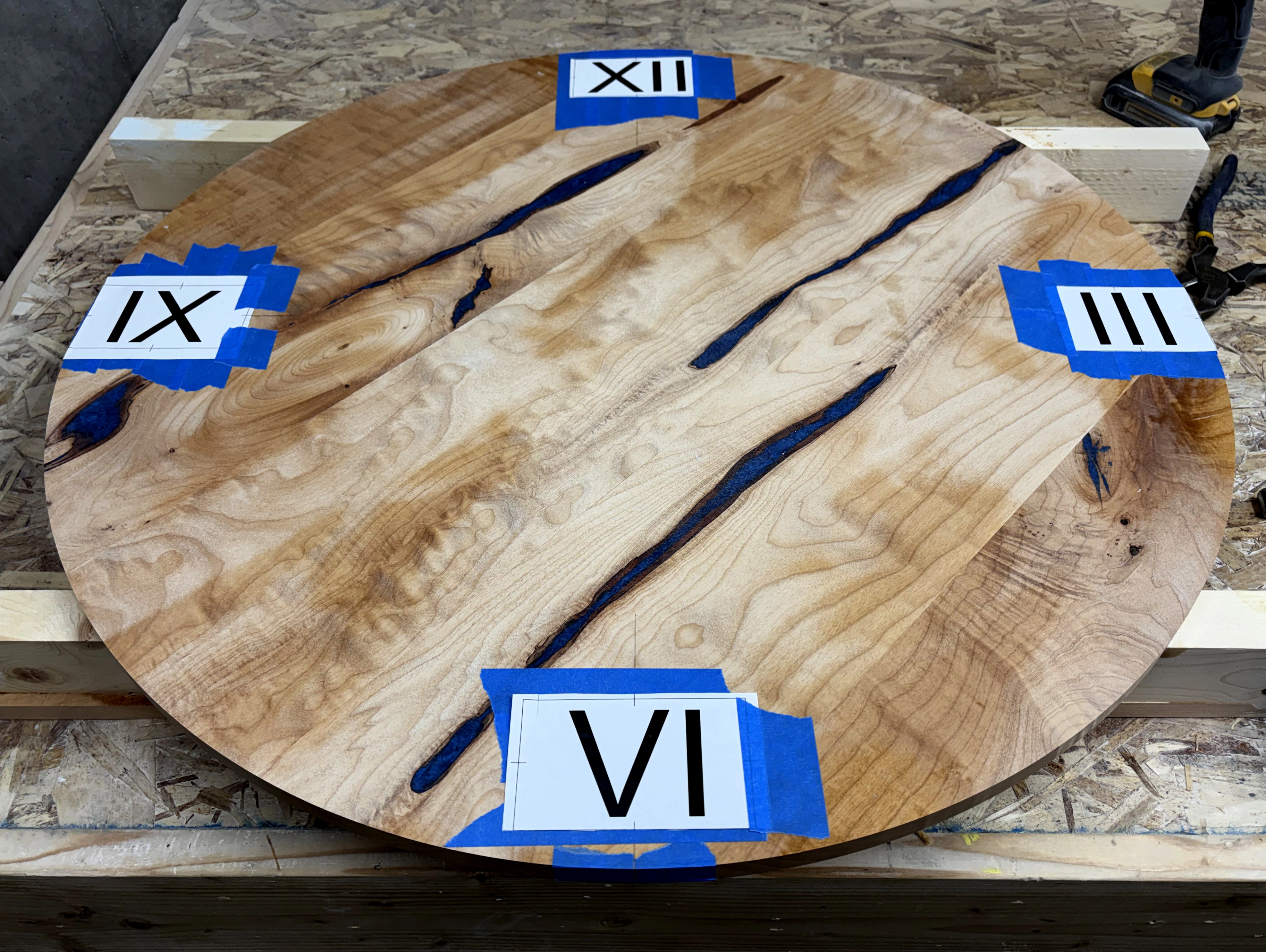 Clock face preparation for hand-carved Roman numerals on a figured wood wall clock