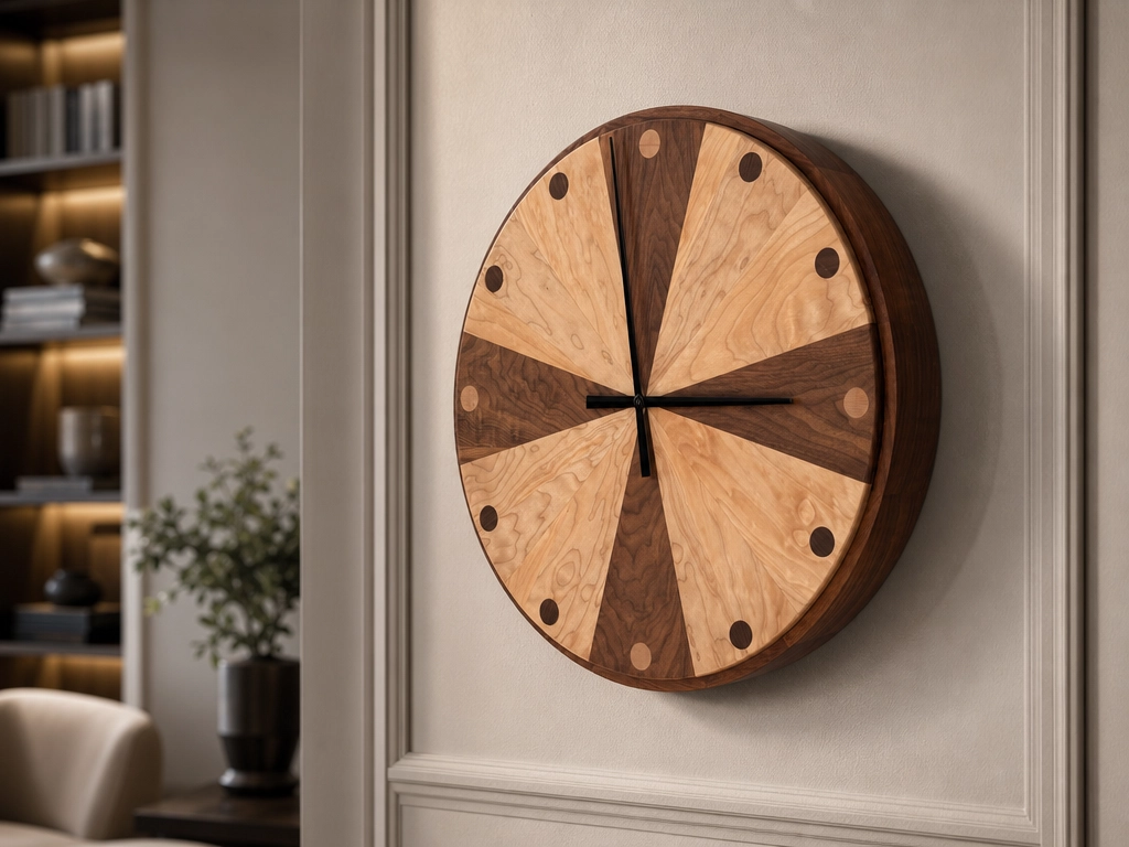 Walnut and maple pinwheel wall clock displayed against a dark interior wall